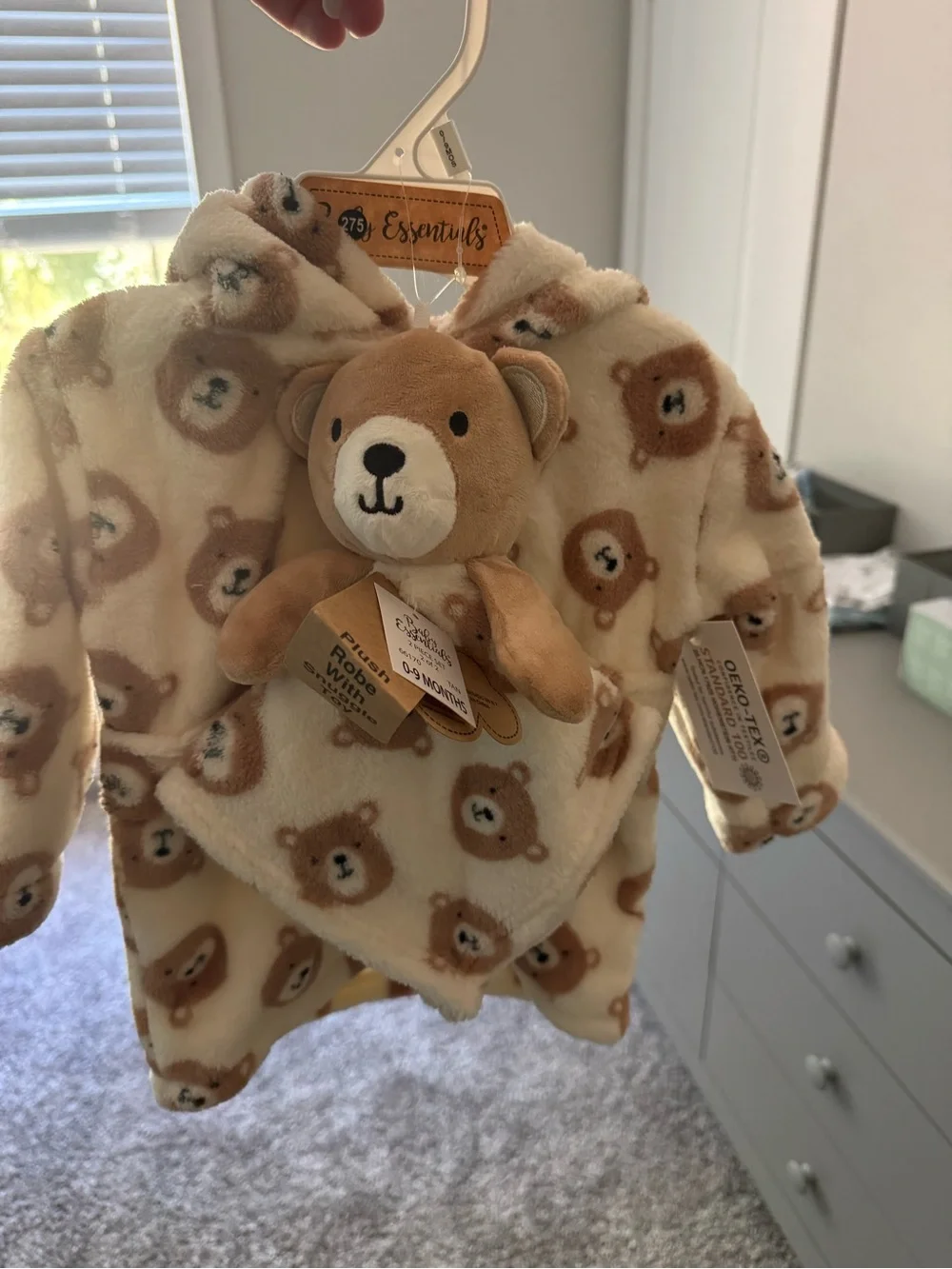 Essentials Cream and Brown Bear Plush robe with Matching Toy